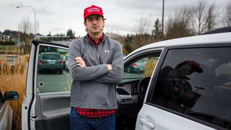 Michael Bower, an owner of a home alarm company in Seattle and supporter of  Donald Trump. “I don’t begrudge my grandma who never met a Muslim in her life, but all she sees on TV are Muslims blowing things up,” he says. Photograph: Evan McGlinn/New York Times)