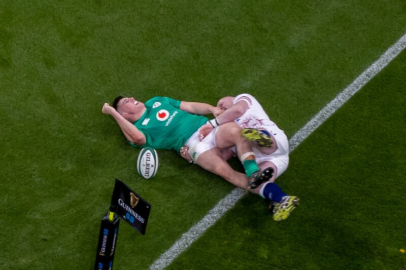 Dan Sheehan celebrates after scoring one of his tries against England. Photograph: Morgan Treacy/Inpho