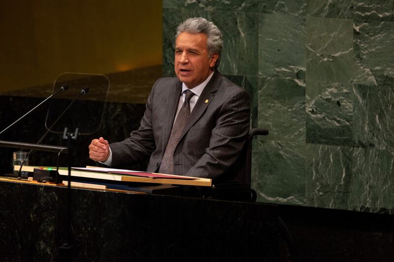 President of Ecuador, Lenín Moreno, speaks at the United Nations general assembly, in Manhattan in September 2018. Photograph: Dave Sanders/The New York Times
