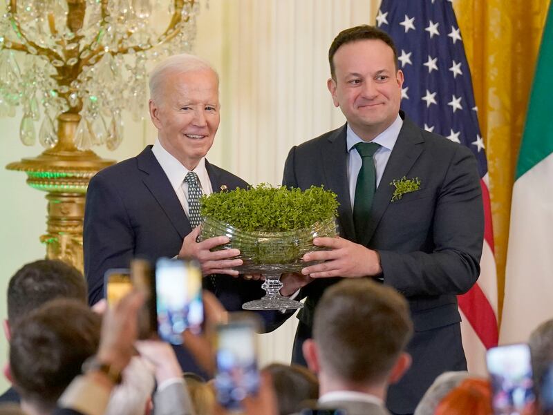 Taoiseach Leo Varadkar and US president Joe Biden during the St Patrick's Day reception in Washington DC in 2024. PA Photo. Photograph: Niall Carson/PA Wire 