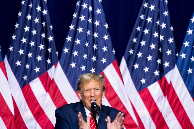 Former president Donald Trump speaks at a campaign rally in Rome, Georgia. Photograph: Nicole Craine/New York Times
                      