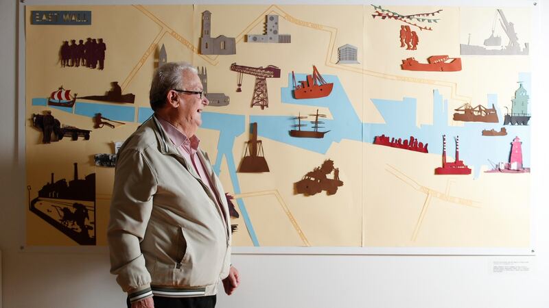 Dick Nugent viewing his art work hung in Dublin City Gallery. Photograph: Conor McCabe