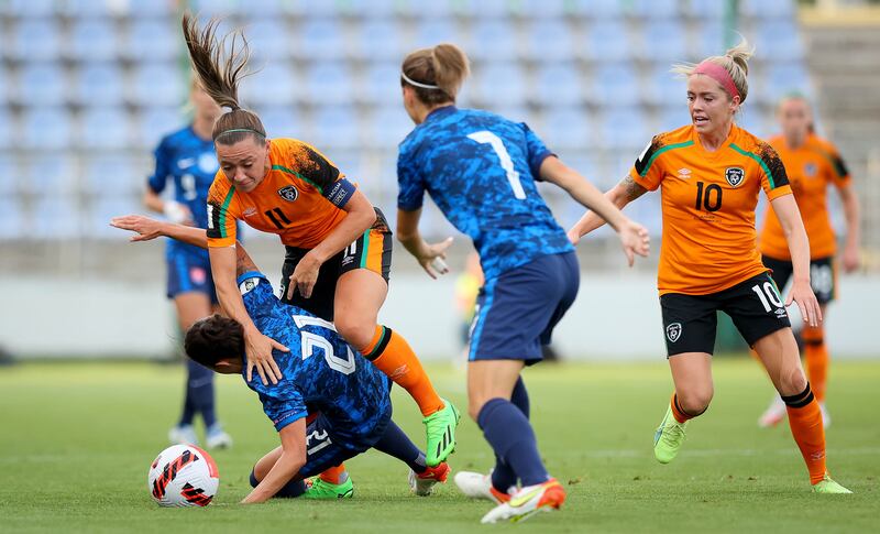 Ireland captain Katie McCabe in action against Slovakia’s Martina Surnovská during the Women's World Cup qualifier in Senec. Photograph: Ryan Byrne/Inpho