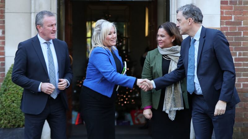 Northern Ireland Secretary of State  Julian Smith shakes hands with Sinn Féin’s Conor Murphy, Michelle O’Neill and Mary Lou McDonald after talks to restore the Northern Ireland Powersharing executive at Stormont. Photograph: Niall Carson/PA Wire