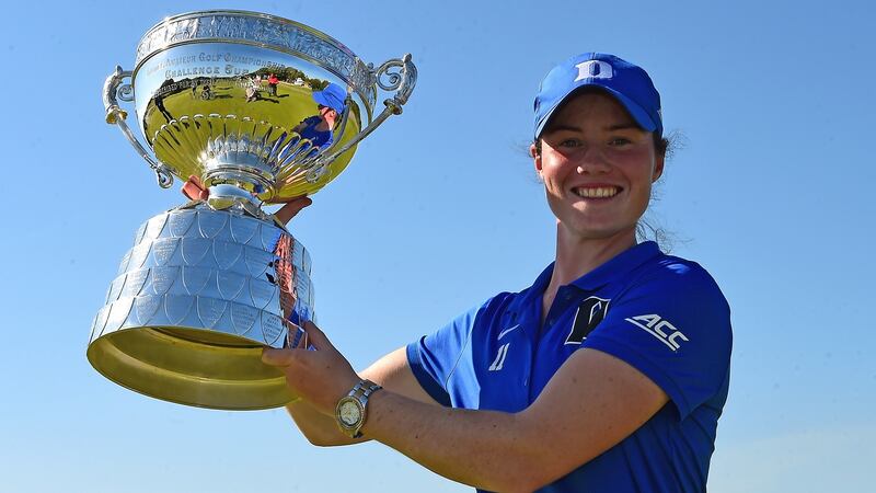 Leona Maguire poses with the trophy following her victory at the Ladies British Open Amateur Championship. Photograph: Richard Martin-Roberts/Getty Images