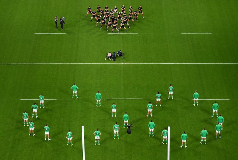 Ireland watch on as the New Zealand team perform the Haka prior to the Rugby World Cup 2023 quarter-final. Photograph: Mike Hewitt/Getty Images