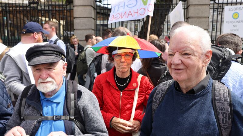 Pat Fitzgerald (left), Helen Murphy both from the Irish Senior Citizens Parliament and John Lambkin at the protest. Photograph: Dara Mac Donaill