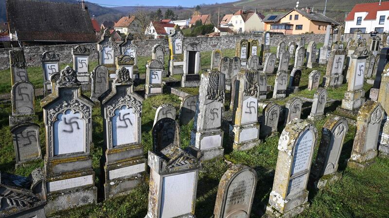 General view of the Jewish Westhoffen cemetery near Strasbourg, eastern France, after 107 graves were found vandalised with swastikas and anti-semitic inscriptions. Photograph: Patrick Hertzog/AFP via Getty Images