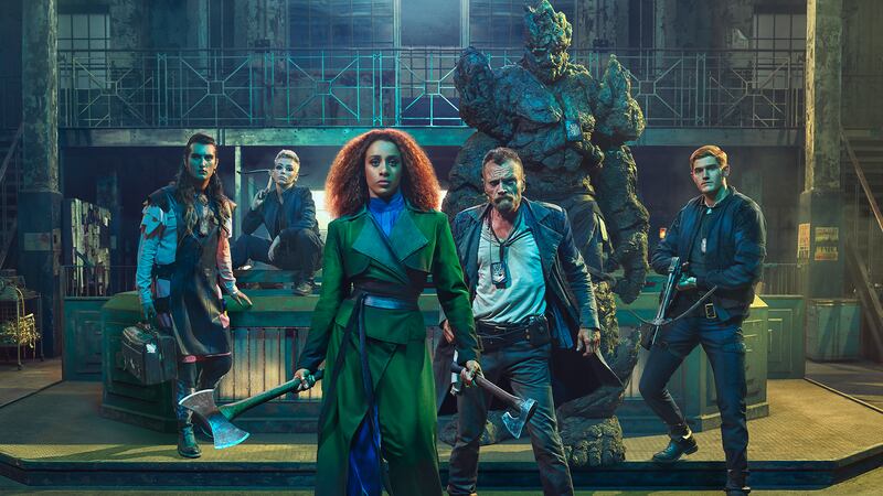 Lara Rossi and Richard Dormer (centre) with the cast of The Watch