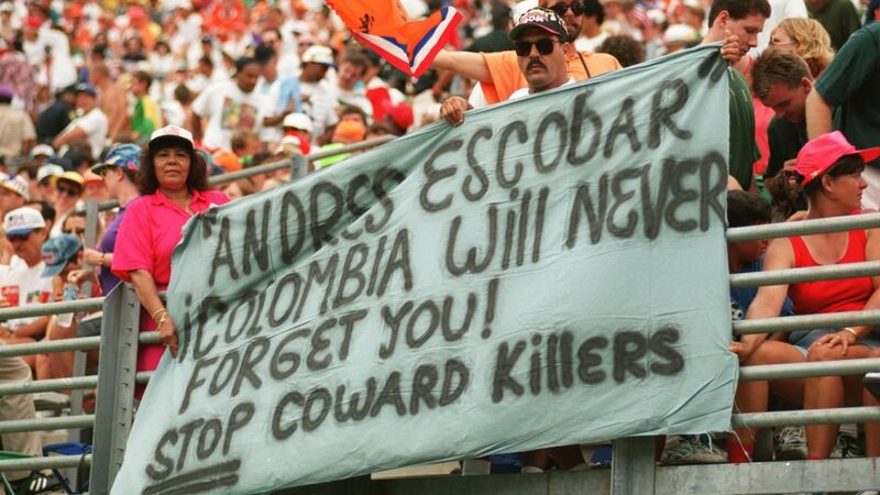 Fans pay tribute to Andrés Escobar during Ireland’s clash with Holland at the 1994 World Cup. Photograph: Shaun Botterill/Allsport