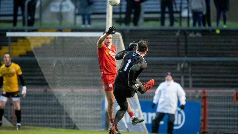 Monaghan’s Rory Beggan scores  from out the field against Tyrone last month:  “Rory Beggan  is an exceptional shot-stopper – Niall Morgan [Tyrone] is the same,” says Paul Durcan. “They have that basis and obviously they have the talent of being outfield players because they do that with their clubs.” Photograph: Morgan Treacy/Inpho
