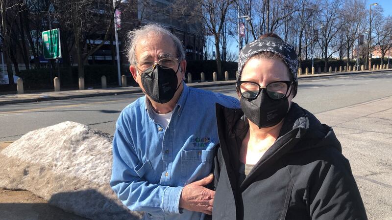 David and Vicki Embrey arrive at the M&T Bank Stadium to receive their coronavirus jabs. Photograph:  Suzanne Lynch