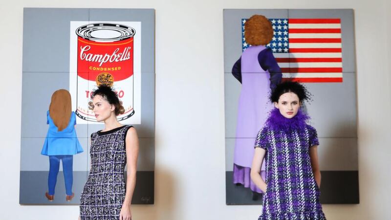 Hand embellished sequinned tweed dress (left) andLinton tweed dropped waist dress with marabou trim Photograph: Louise Kennedy