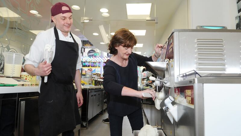 Marie Claire Digby making gelato at Gino’s on George’s Street, Dublin, under instruction from Jan Jariabka. Photograph: Aidan Crawley