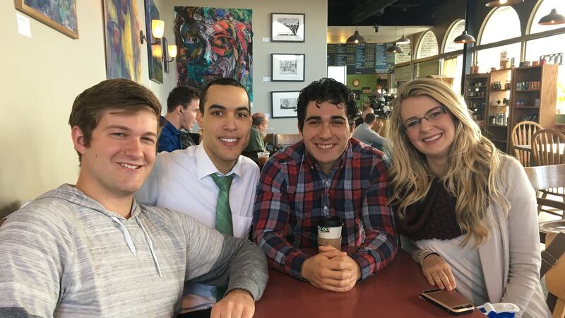 Left to right: Tyler Reese, Marcus Corbitt, Sean Miller and Cassidy Bronson Gundersen, in a cafe near the BYU campus, on the edge of Provo. Photograph: Ruadhán Mac Cormaic