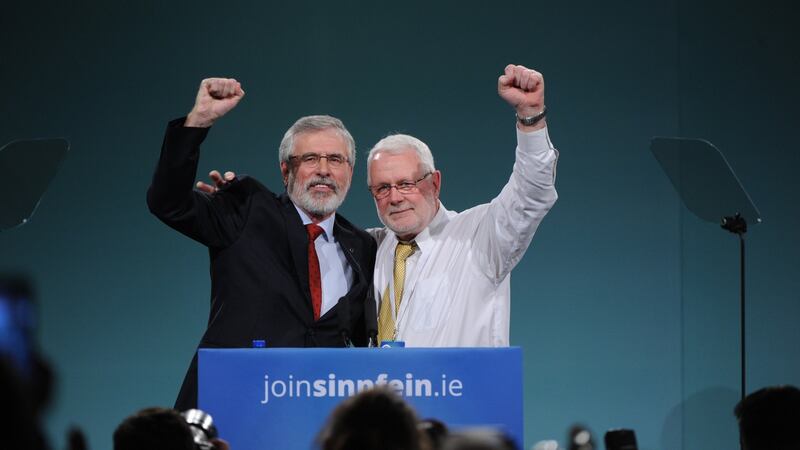Gerry Adams (left) alongside Sinn Fein politician Martin Ferris after delivering a speech during the party’s 2017 ardfheis, November 18th, 2017. Photograph: EPA/Aidan Crawley