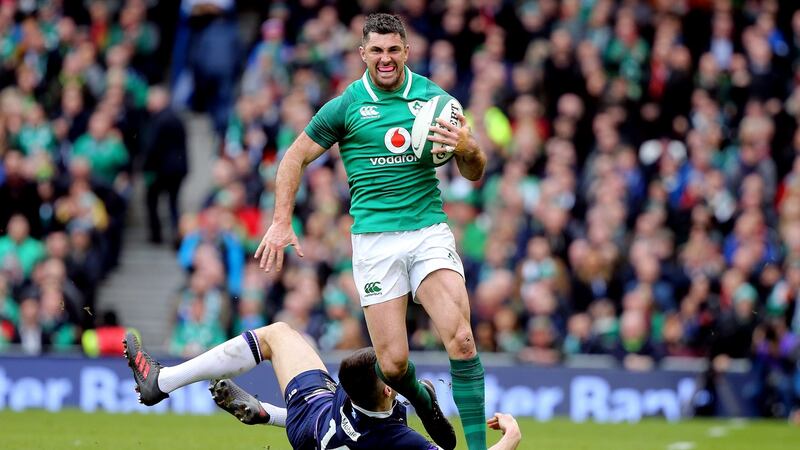 Rob Kearney is tackled by  Scotland’s Blair Kinghorn: The fullback has played a key role in four championship wins plus a Grand Slam. Photograph:  Tom Honan.