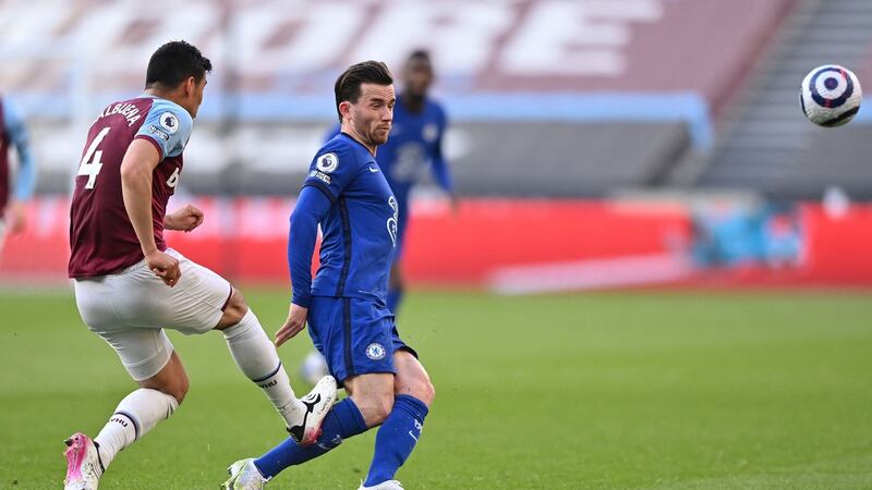 Chelsea defender Ben Chilwell is caught by Fabian Balbuena, with the West Ham defender later receiving a red card. Photograph: Justin Setterfield/Getty/AFP