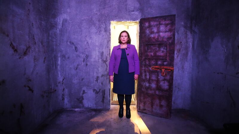 Easter Rising: Mary Lou McDonald of Sinn Féin in a re-created cell at Revolution 1916. Photograph: Leon Farrell/Photocall