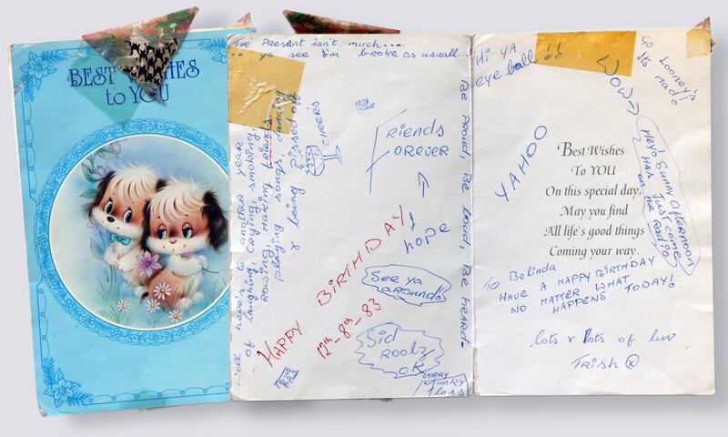 Birthday card to Trish Lovett from Belinda Lee, August 12th, 1983. Belinda was 15.