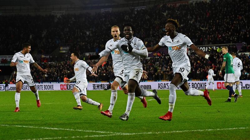 Wilfried Bony celebrates his late winner for Swansea against West Brom. Photograph: Rebecca Naden/ReutersS