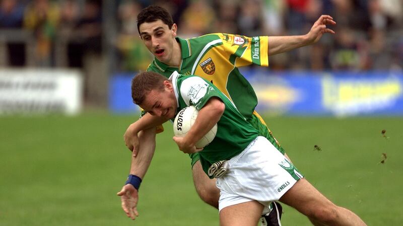 Shane King of Fermanagh in action against Donegal’s Paddy Campbell during the Ulster SFC preliminary round replay  clash of 2001. Photograph: Andrew Paton/Inpho