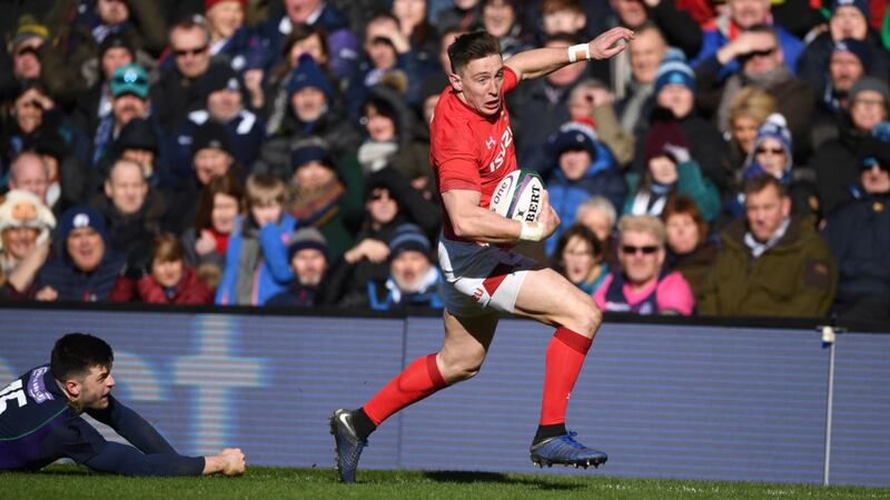 Josh Adams scores for Wales againt Scotland. Photograph: Stu Forster/Getty