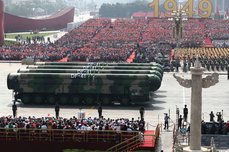 A general view of intercontinental ballistic missiles rolling through Tiananmen Square during the parade marking the 70th anniversary. Photograph: EPA/How hwee Young