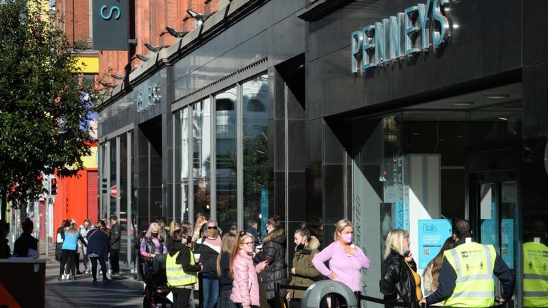 A queue forms outside Penneys on Henry Street in Dublin, which opened for appointment-only shopping on Monday ahead of a full reopening next week. Photograph: Dara Mac Donaill