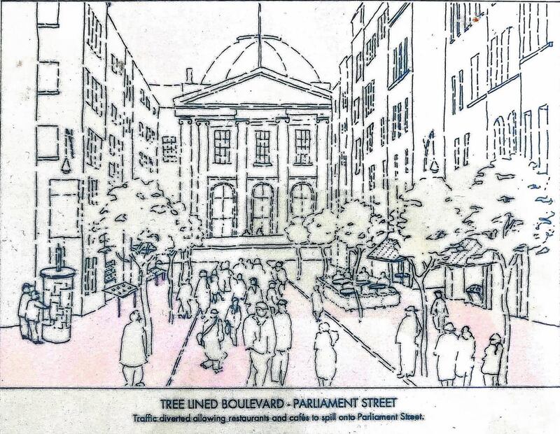 A sketch the proposed boulevard complete with trees on Parliament Street.