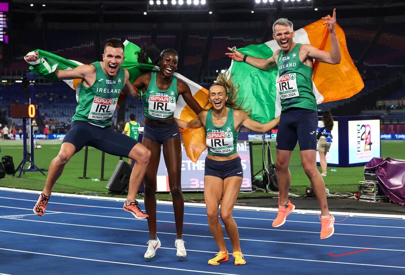 Chris O’Donnell, Rhasidat Adeleke, Sharlene Mawdsley and Tom Barr celebrate winning gold at the European Championships in Rome on June 7th. Photograph: Morgan Treacy/Inpho