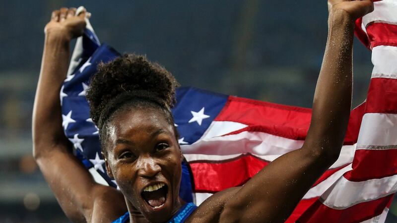 Tianna Bartoletta of the USA reacts after winning the women’s long jump final at the Rio Olympics. Photograph: Valery Sharifulin/Tass via Getty Images