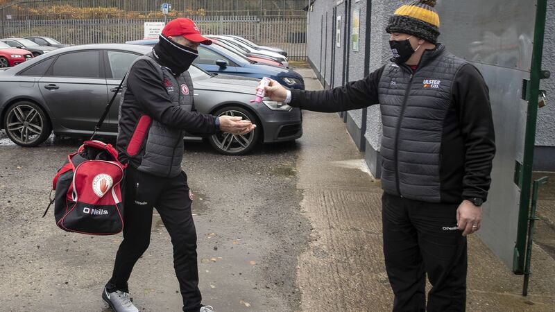 Mickey Harte arrives  at MacCumhaill Park ahead of Sunday’s defeat to Donegal. Photograph: Morgan Treacy/Inpho
