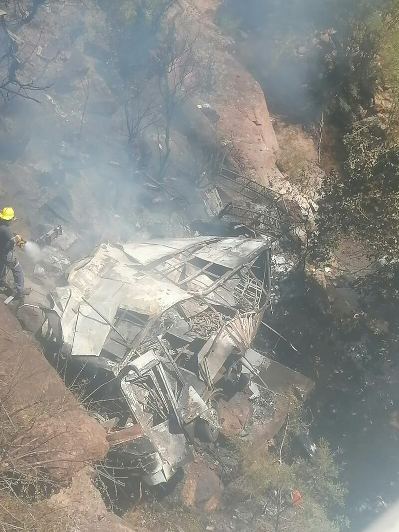 The wreckage of a bus that plunged over a bridge in South Africa, killing 45 people. Photograph: Limpopo Department of Transport and Community Safety/Facebook