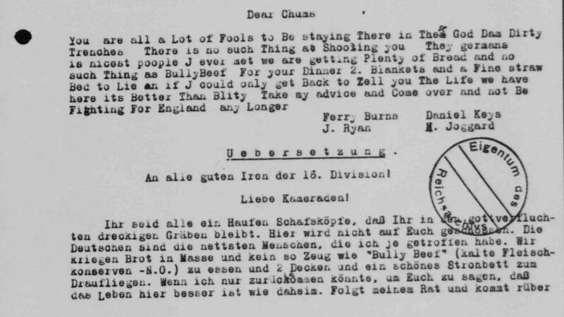 Four Irish deserters encourage their fellow Irishmen to desert the British cause and join them in the German trenches.