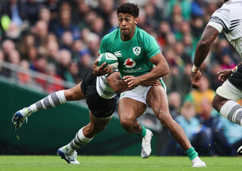 2022 Bank of Ireland Nations Series, Aviva Stadium, Dublin, Ireland 12/11/2022
Ireland vs Fiji 
Fiji's Ben Volavola tackles Robert Baloucoune of Ireland
Mandatory Credit ©INPHO/Tom Maher 