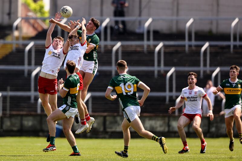 Tyrone and Kerry players compete for the ball during the EirGrid All-Ireland under-20 football championship final. Photograph: Ben Brady/Inpho
