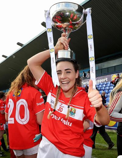 Cork's Orlagh Farmer celebrating with the national league trophy
