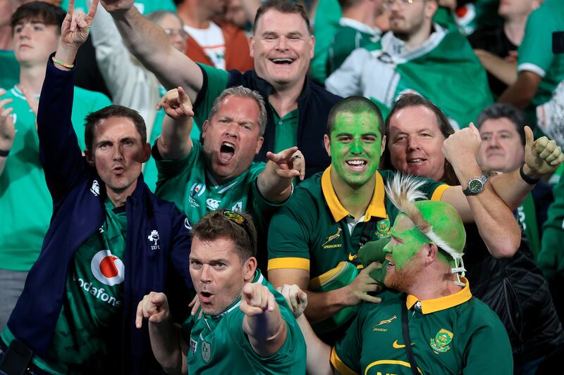 Fans show their passion during the riveting Ireland versus South Africa clash at the Stade de France, Saint-Denis, Paris. Photograph: Dan Sheridan/Inpho 