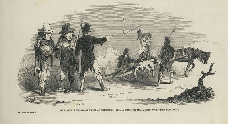 ‘Funeral at Skibbereen.’ ‘Illustrated London News.’ January 30th, 1847. The caption reads: Famine in Ireland Funeral at Skibbereen from a sketch by Mr H Smith, Cork.