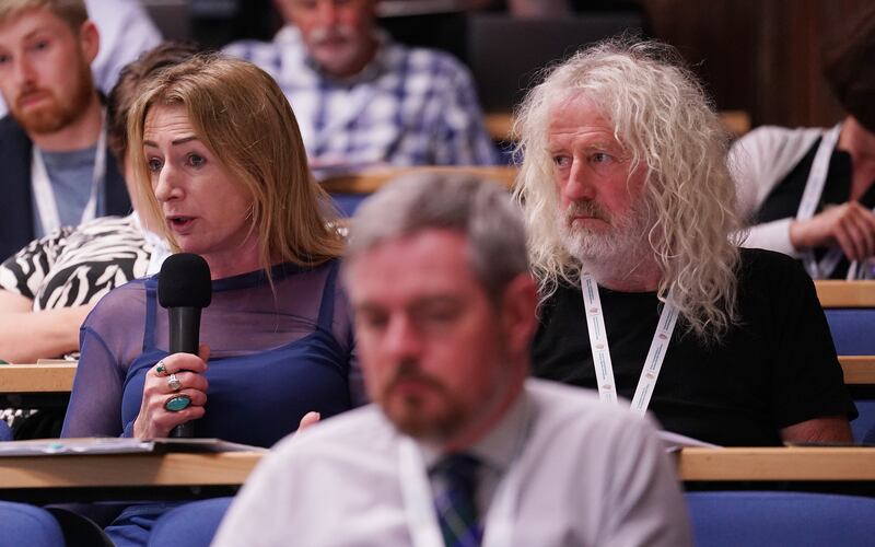 MEPs Clare Daly and Mick Wallace at the forum in UCC on Thursday. Photograph: Brian Lawless/PA Wire