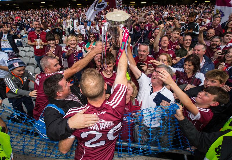Galway's Cyril Donnellan celebrates with supporters and the Liam MacCarthy Cup after the game in 2017. Photograph: Cathal Noonan/Inpho