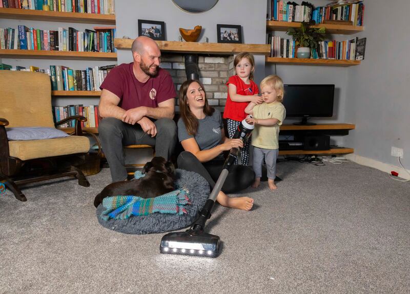 The family is pictured here using the Bosch Unlimited 7 BCS712GB its LED lights helping to illuminate the area to be cleaned. This product comes with two 18-volt battery packs and is available from all good electrical retailers from about €379.