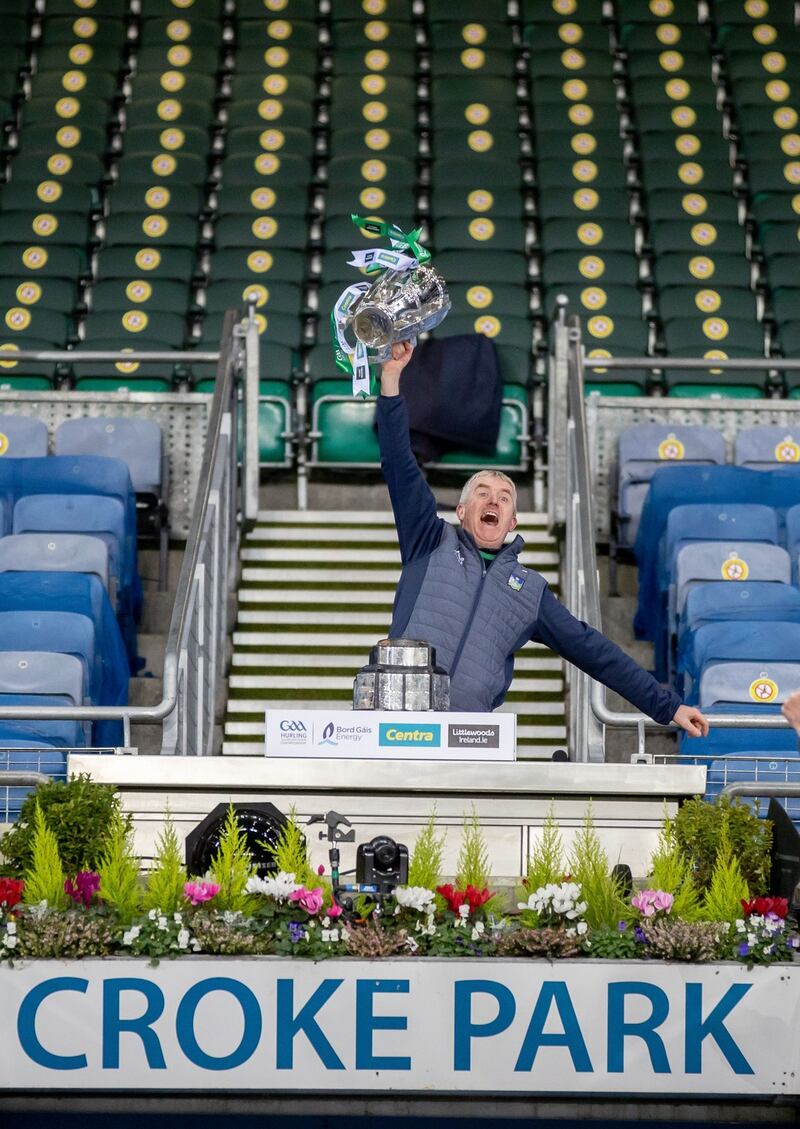 Unbridled joy for Limerick manager John Kiely with the Liam MacCarthy Cup. Photo: Morgan Treacy