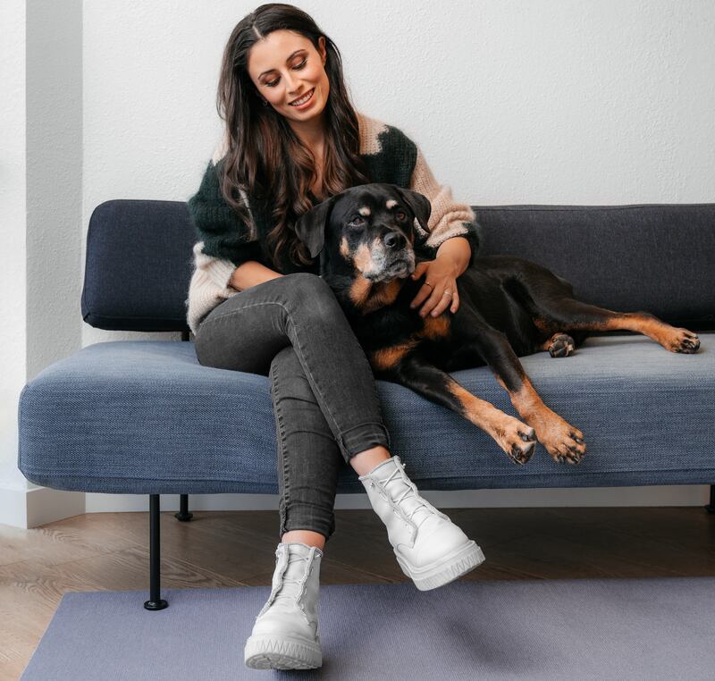 Celine Halioua, the founder and chief executive of the biotech company Loyal, with her ageing Rottweiler Della. Photograph: Loyal via the New York Times