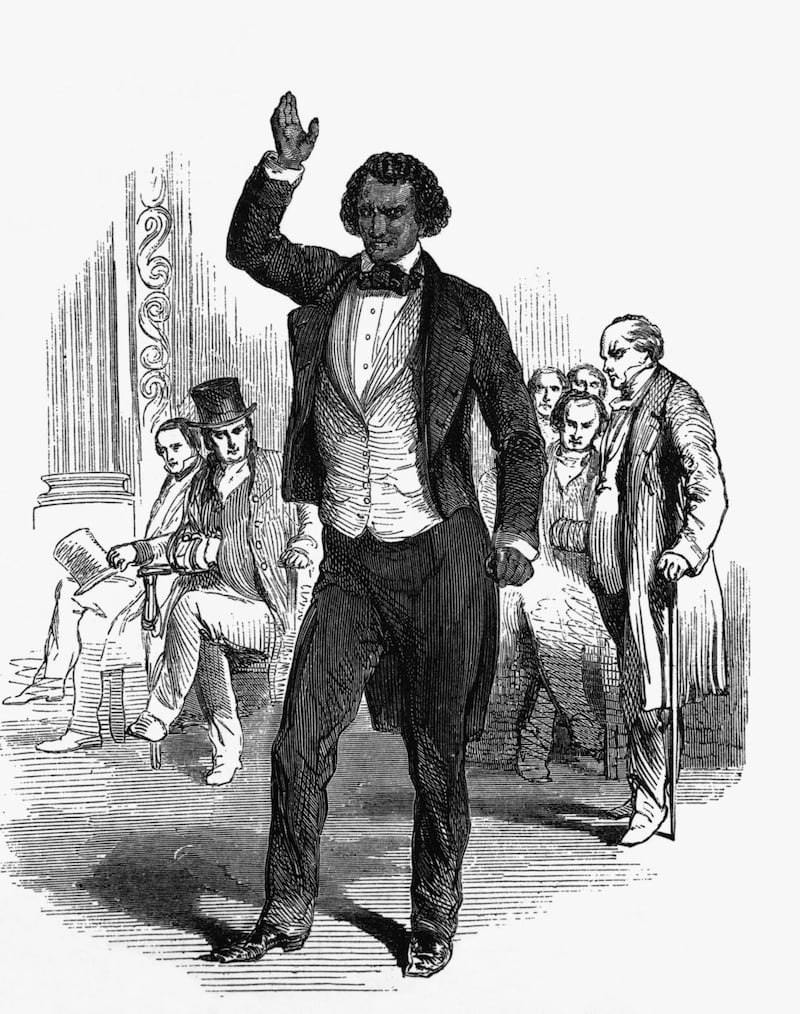 Frederick Douglass (1817-1895) addressing an English audience during his visit to London in 1846. He also pleaded for Irish Home Rule. Undated engraving.