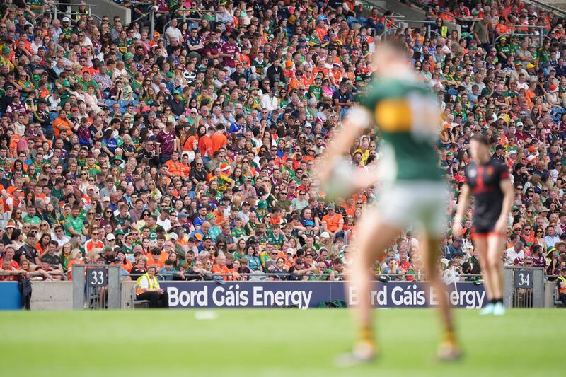 Seán O'Shea steadies himself to kick a score for Kerry against Armagh at Croke Park on Sunday. Photograph: James Lawlor/Inpho