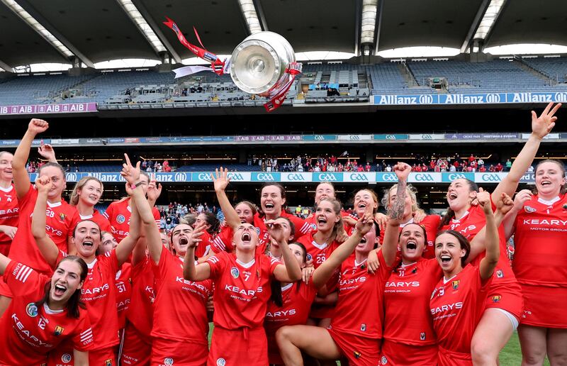 Cork celebrate their All-Ireland camogie final win over Galway at Croke Park. Photograph: Bryan Keane/Inpho 