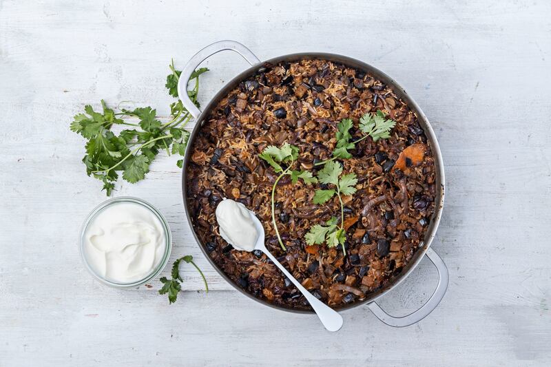 Caramelised onion and aubergine pilaf