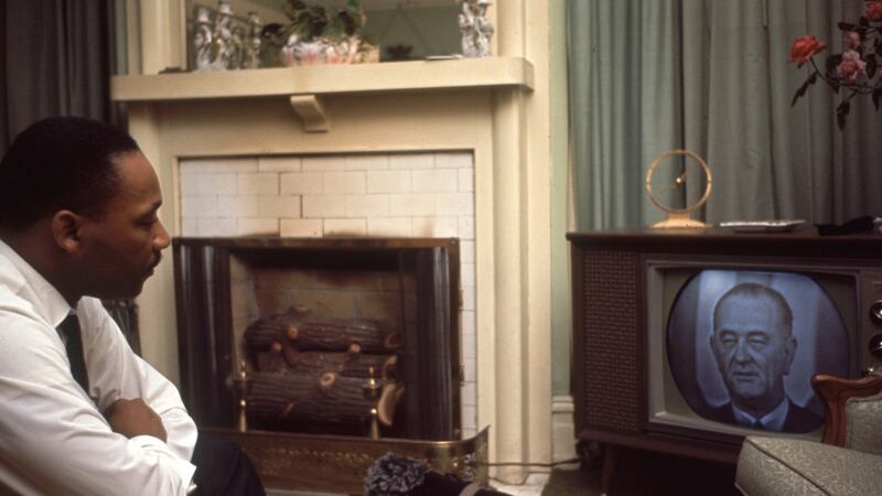 Martin Luther King jnr watches Lyndon Johnson give an address to Congress about improving black people voting rights in   March 1965. Photograph: Frank Dandridge/The Life Images Collection via Getty Images